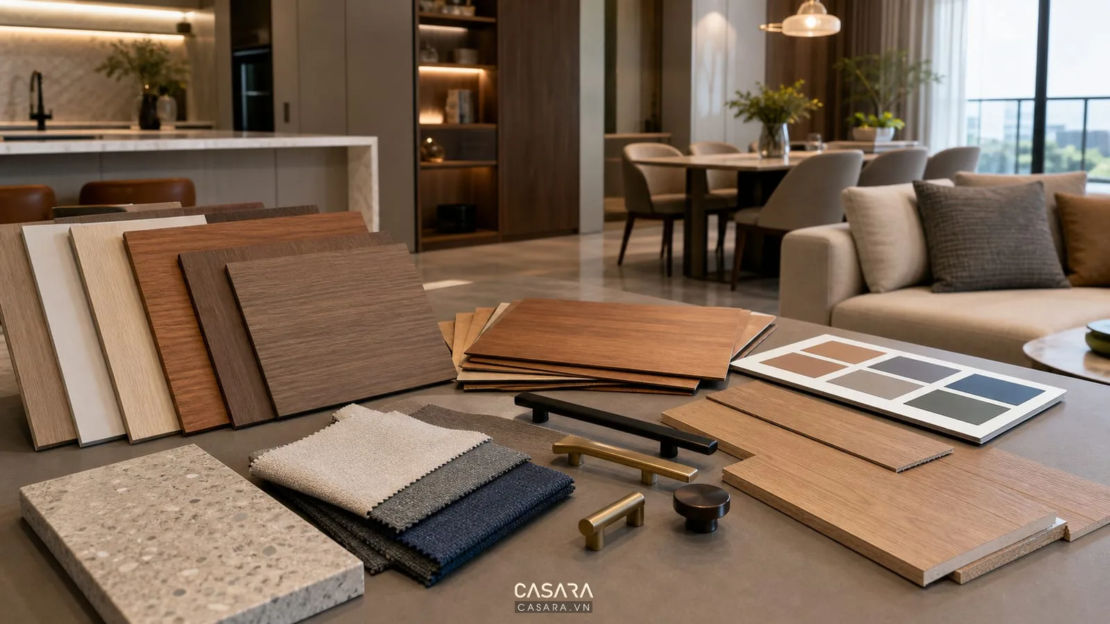 Vật liệu thi công nội thất chung cư với gỗ đá vải sofa tay nắm tủ và sàn gỗ