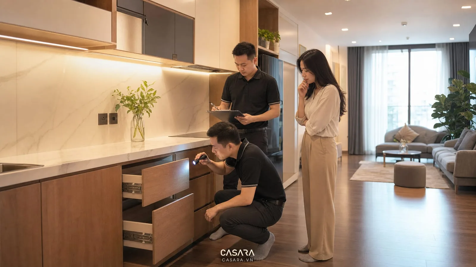 Nghiệm thu công ty thi công nội thất chung cư với tủ bếp ray kéo đèn ổ cắm và bề mặt hoàn thiện