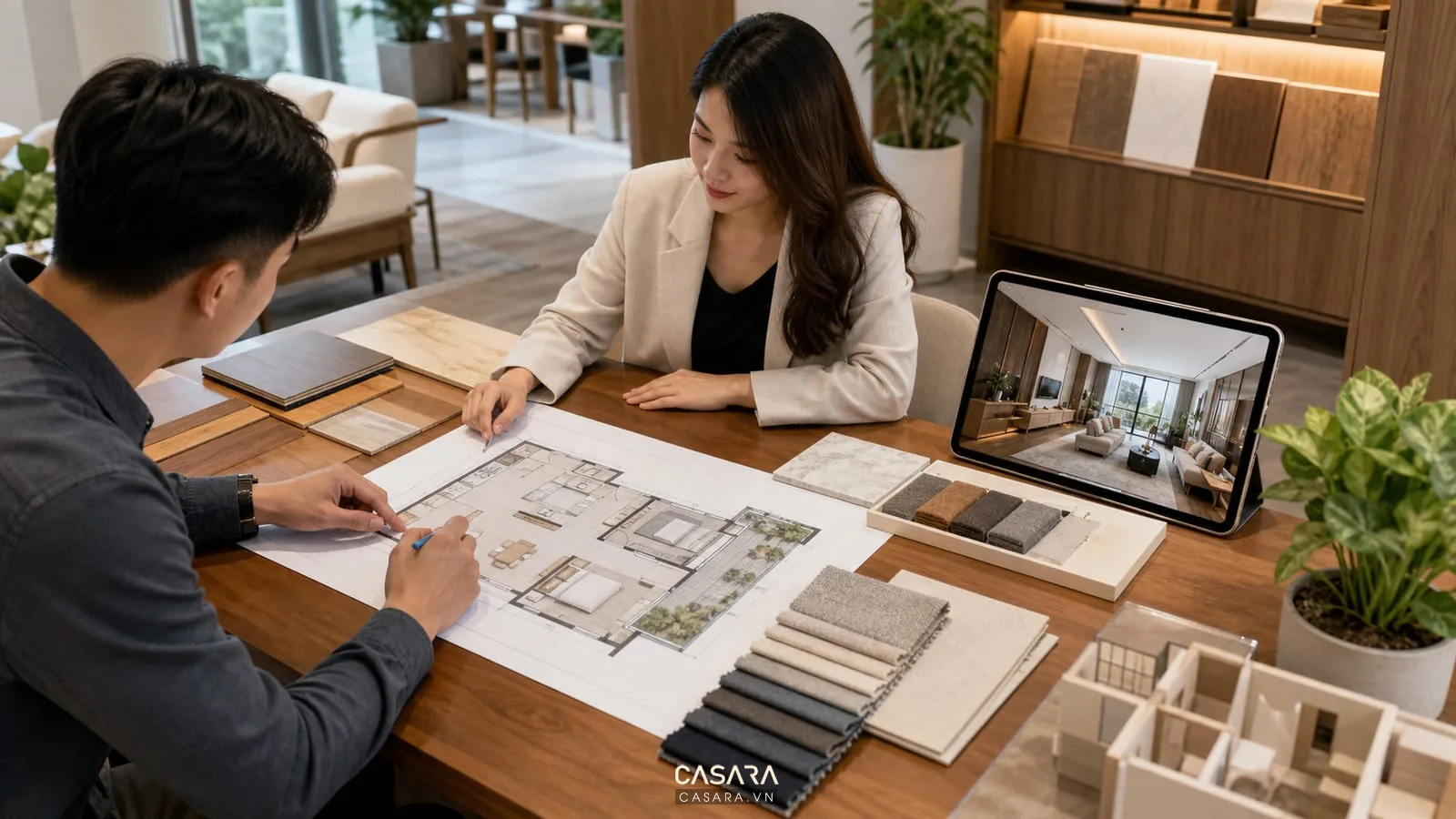 Công ty thiết kế chung cư tư vấn mặt bằng căn hộ với bản vẽ phòng khách bếp phòng ngủ và mẫu vật liệu