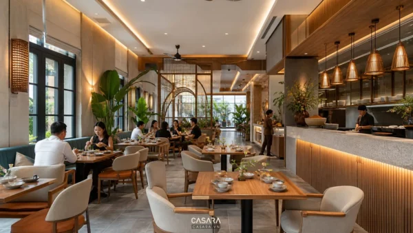công ty thiết kế nhà hàng tạo không gian bàn ăn hiện đại với quầy phục vụ và ánh sáng ấm