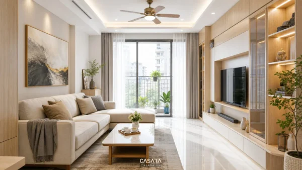 Phòng khách chung cư hiện đại có sofa sáng màu, kệ tivi gỗ và cửa kính lớn