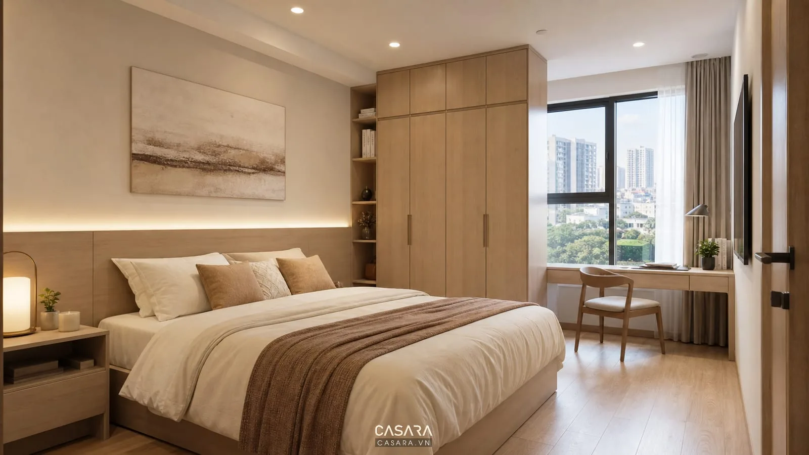 phòng ngủ chung cư 2PN hiện đại với giường tủ áo và bàn làm việc nhỏ