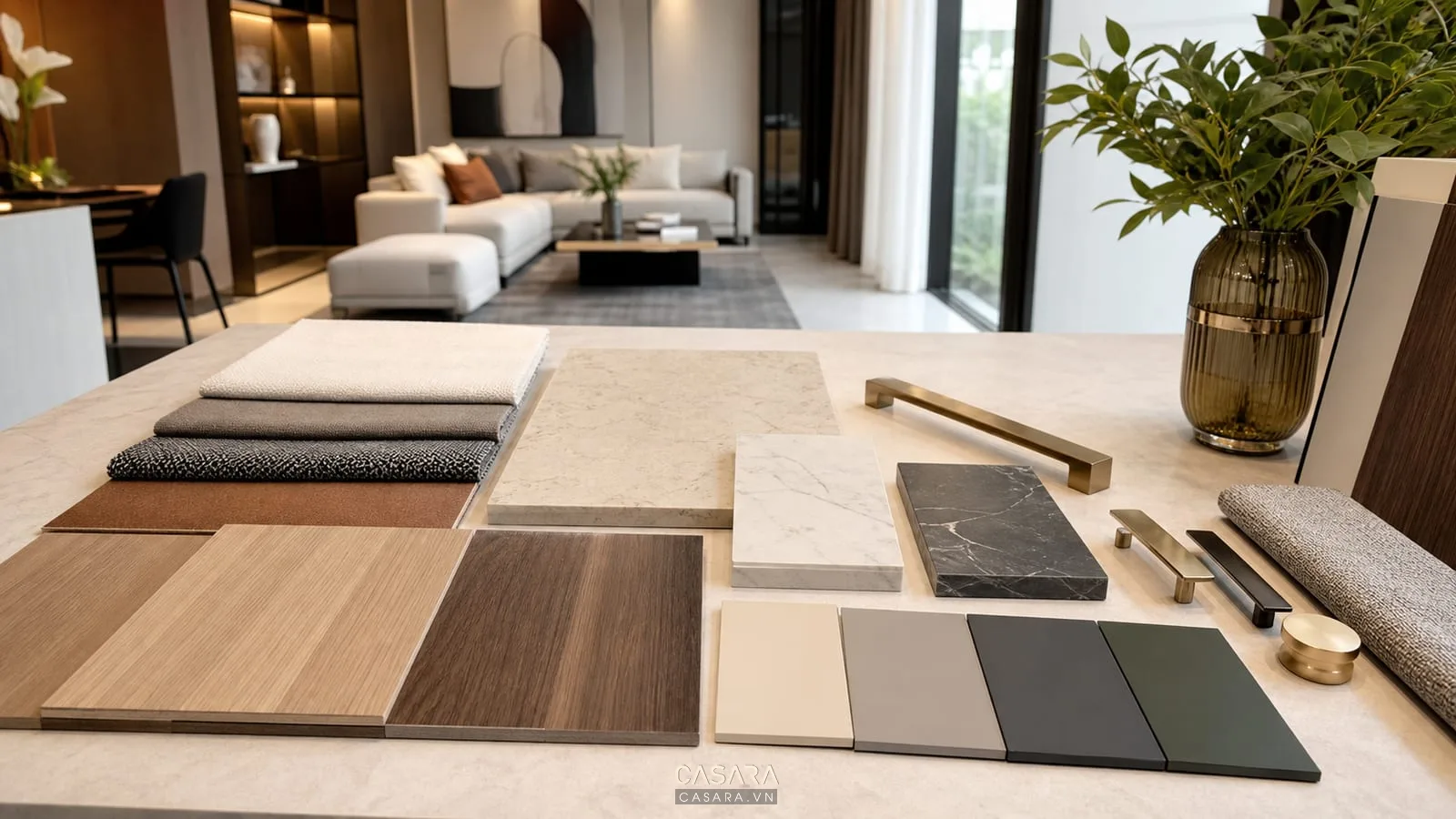 mẫu vật liệu của công ty thiết kế nội thất đẹp gồm gỗ đá vải sofa và tay nắm kim loại