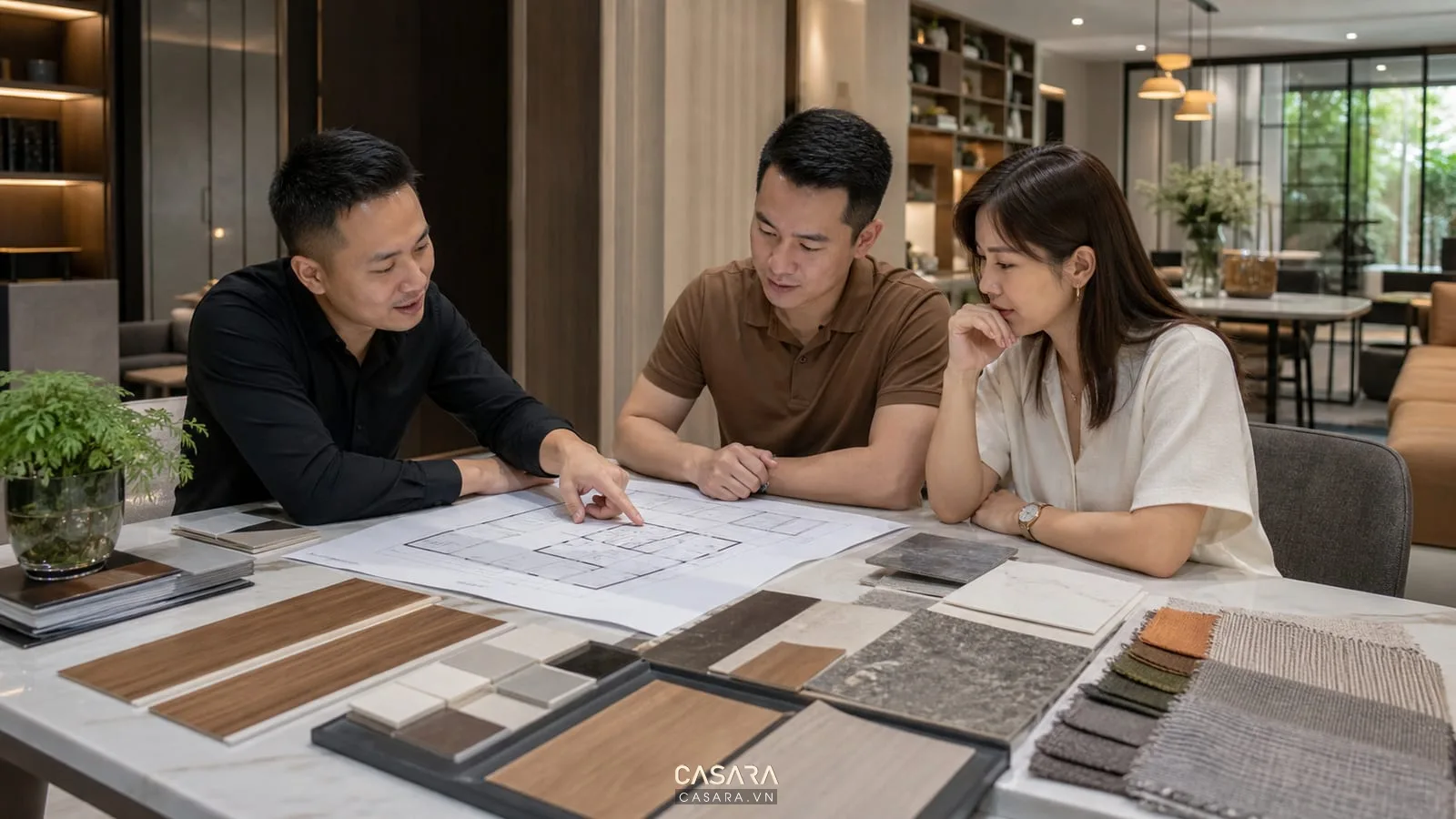 thiết kế và thi công nội thất hải phòng với bản vẽ mặt bằng mẫu gỗ mẫu đá và bảng màu vải