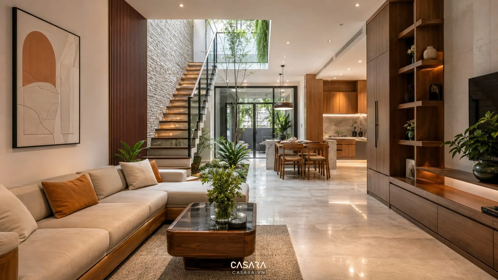 Thiết kế và thi công nội thất nhà phố phòng khách liên thông bếp với sofa bàn ăn và tủ bếp gỗ