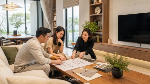 Công ty tư vấn thiết kế nội thất trao đổi bản vẽ phòng khách hiện đại cho nhà ở gia đình