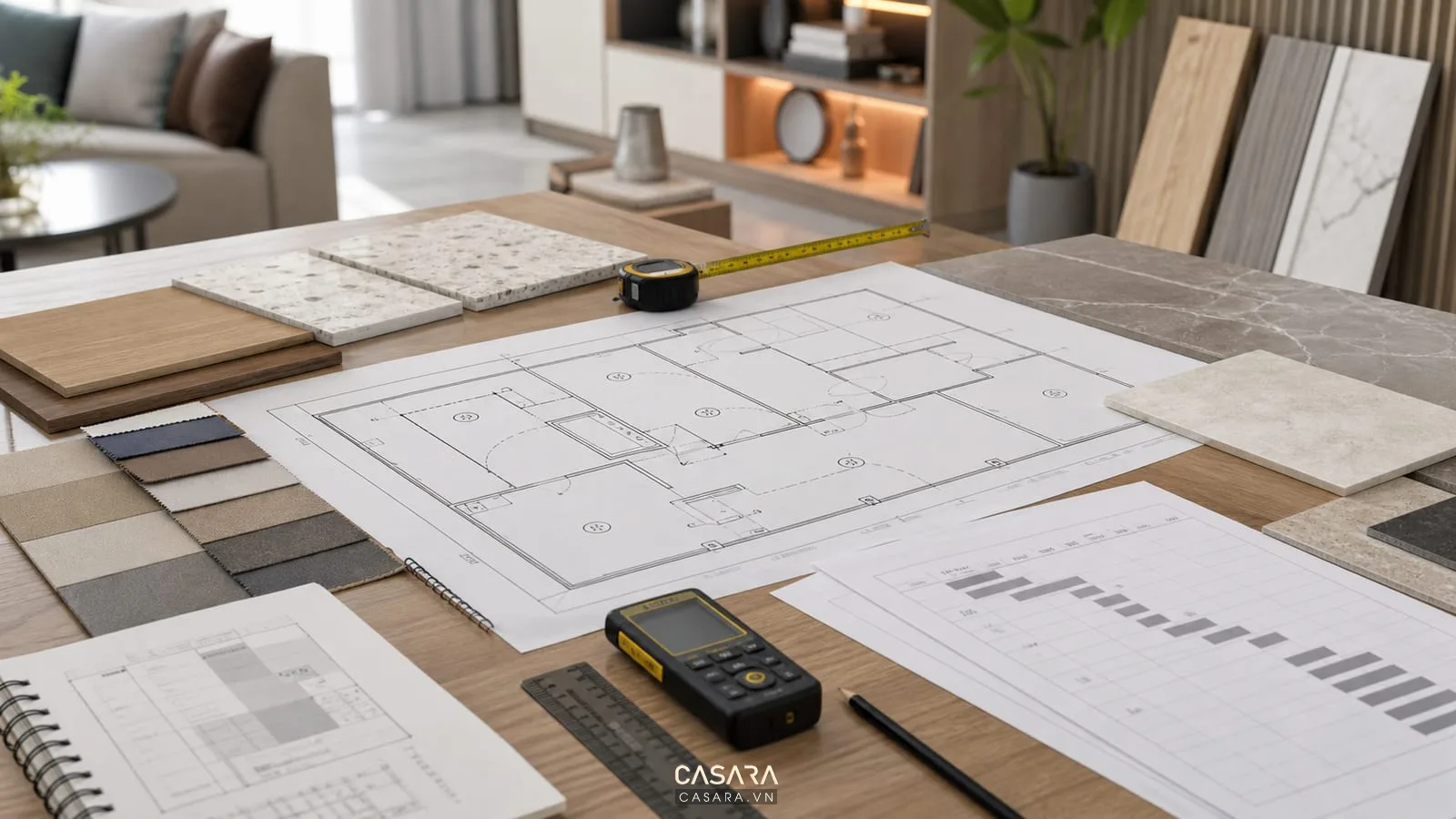 Quy trình thi công chung cư với mặt bằng căn hộ ký hiệu ổ cắm đèn và mẫu vật liệu nội thất
