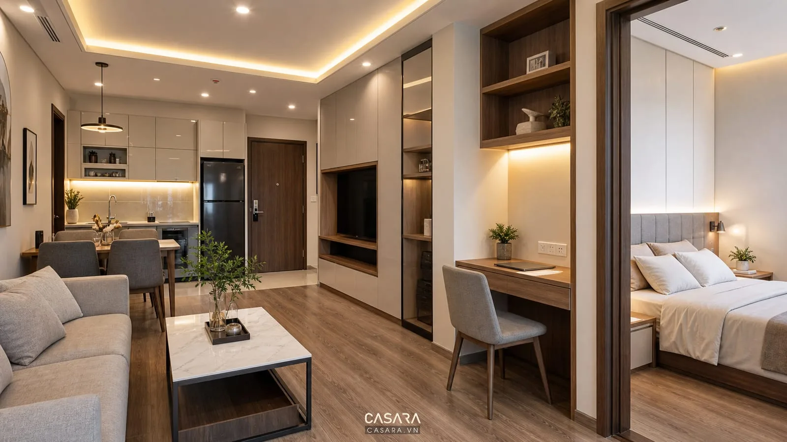 Thiết kế nội thất chung cư có đèn trần ổ cắm bàn làm việc tủ lưu trữ và bề mặt dễ vệ sinh
