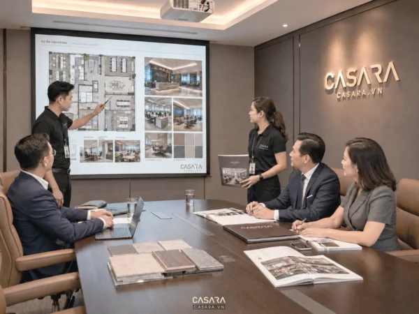 Đội ngũ Casara trình bày phương án thiết kế nội thất văn phòng trong phòng họp