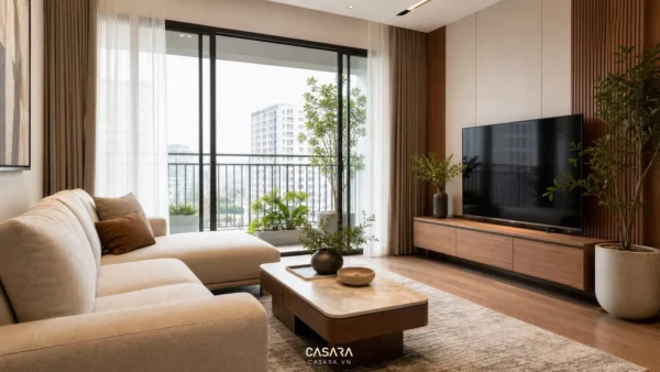 Decor căn hộ chung cư phòng khách hiện đại với sofa sáng màu, kệ tivi gỗ, thảm trung tính, rèm cửa và ban công