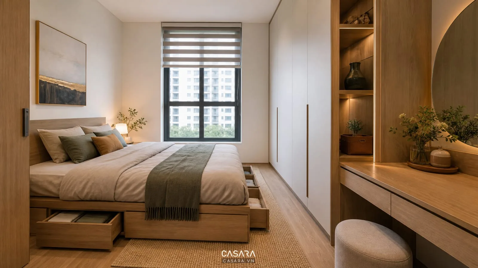 Phòng ngủ nhỏ với giường ngăn kéo và tủ áo gọn gàng