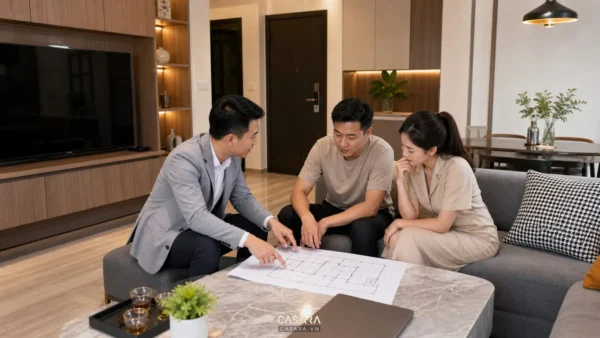 Dịch vụ thi công nội thất căn hộ với phòng khách hiện đại, sofa, bàn trà, tủ tivi và đội ngũ tư vấn trao đổi cùng gia chủ.