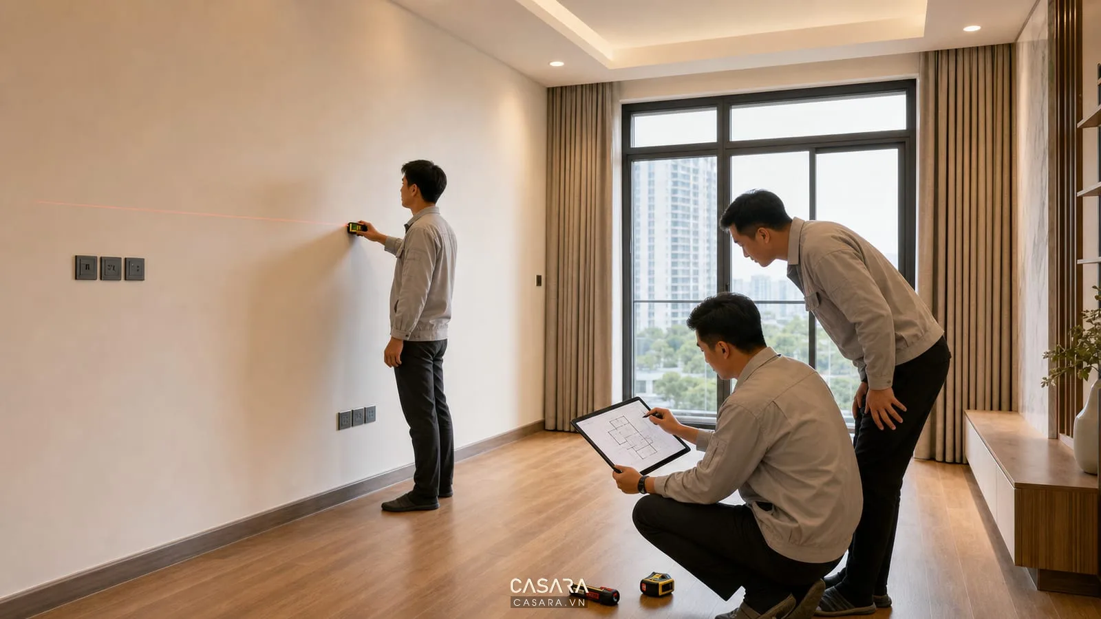 Đội ngũ thi công nội thất đo đạc hiện trạng căn hộ bằng thước laser bên cạnh bản vẽ mặt bằng và phòng khách thực tế.