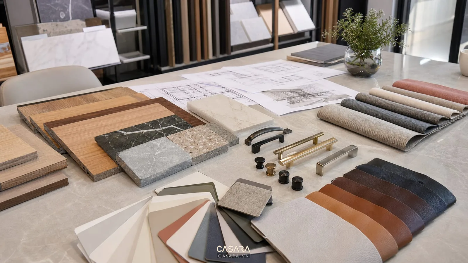 Bàn tư vấn vật liệu thi công nội thất với mẫu gỗ, đá, vải sofa, da, tay nắm, bản vẽ và bảng màu.