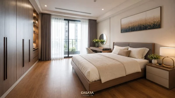 Phòng ngủ chung cư hiện đại có giường đôi, tủ áo gỗ và bàn trang điểm cạnh cửa ban công