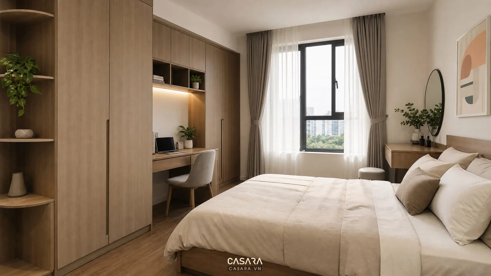 phòng ngủ chung cư nhỏ có bàn làm việc liền tủ và giường ngủ