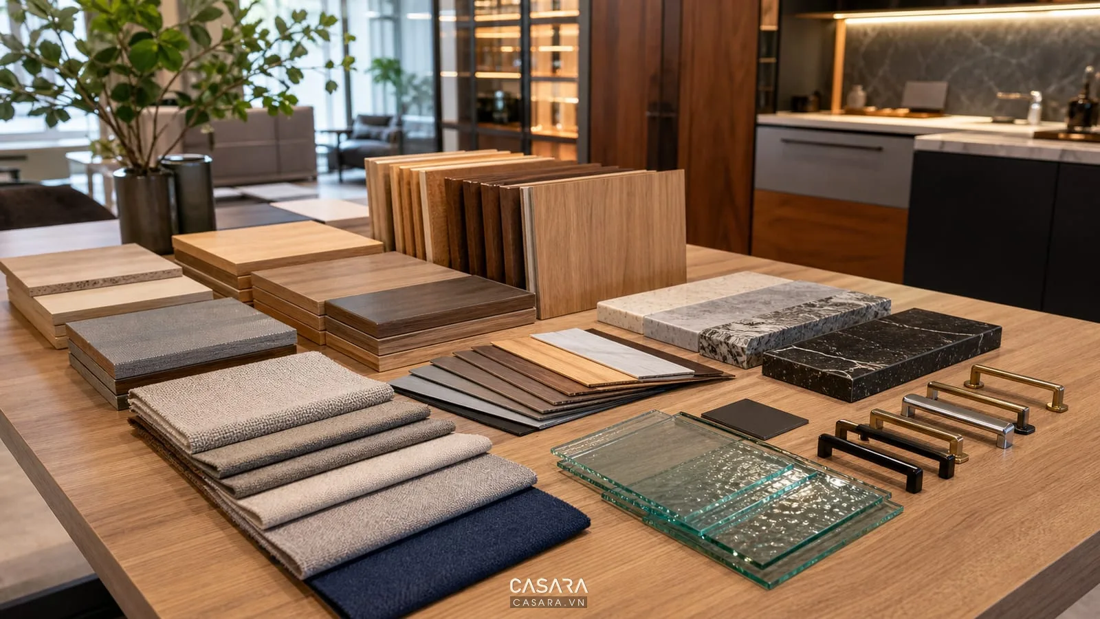 Mẫu vật liệu gỗ veneer vải bọc giường và đá cho thiết kế nội thất
