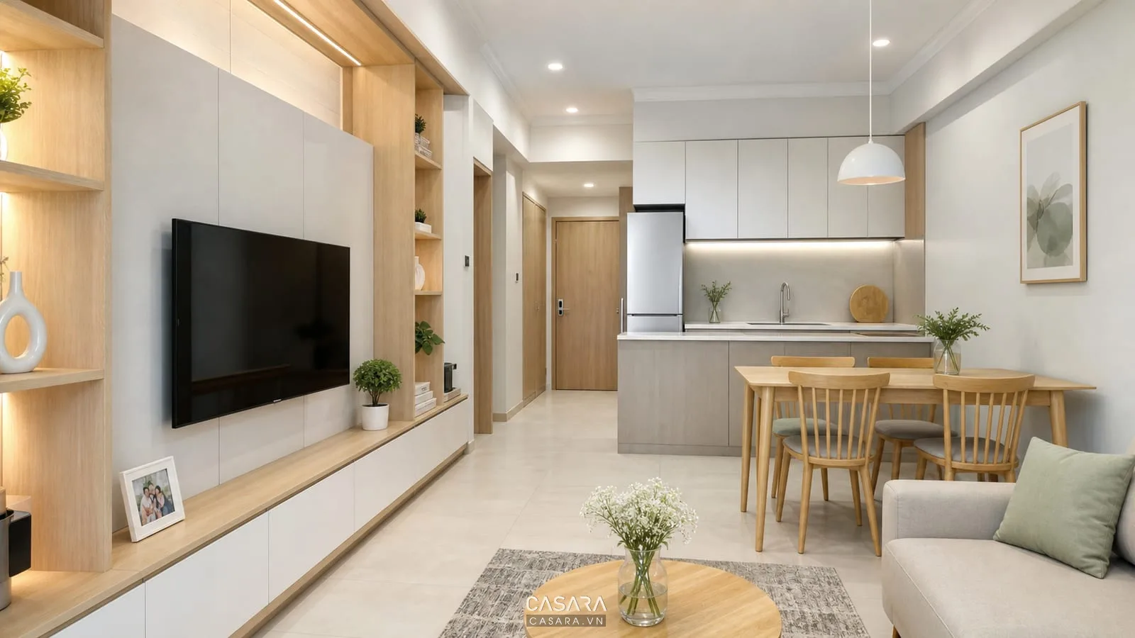 bếp căn hộ 45m2 có tủ cao kịch trần mặt đá sáng và bàn ăn gọn