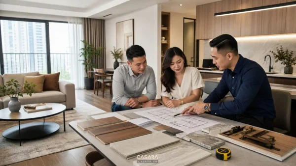 Nhân viên tư vấn cùng cặp đôi xem bản vẽ và mẫu vật liệu trong căn hộ chung cư