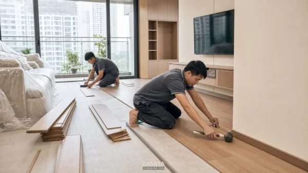 Thợ đang lắp sàn gỗ trong phòng khách căn hộ chung cư