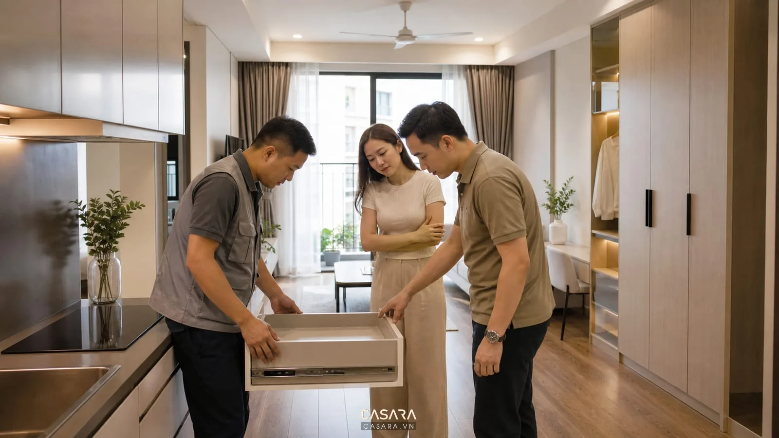 Nghiệm thu thi công chung cư với tủ bếp tủ áo sàn gỗ rèm cửa đèn trần và kiểm tra ngăn kéo