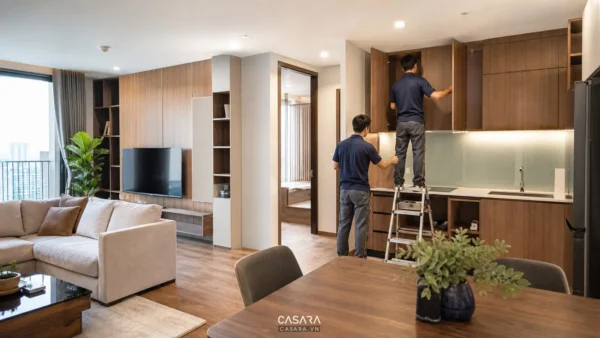 Thi công nội thất căn hộ hiện đại với phòng khách liền bếp và tủ gỗ công nghiệp