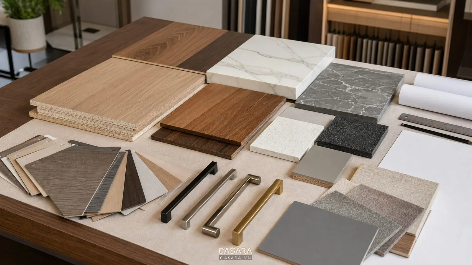 Mẫu vật liệu thi công nội thất gồm gỗ công nghiệp laminate đá bếp và phụ kiện kim loại