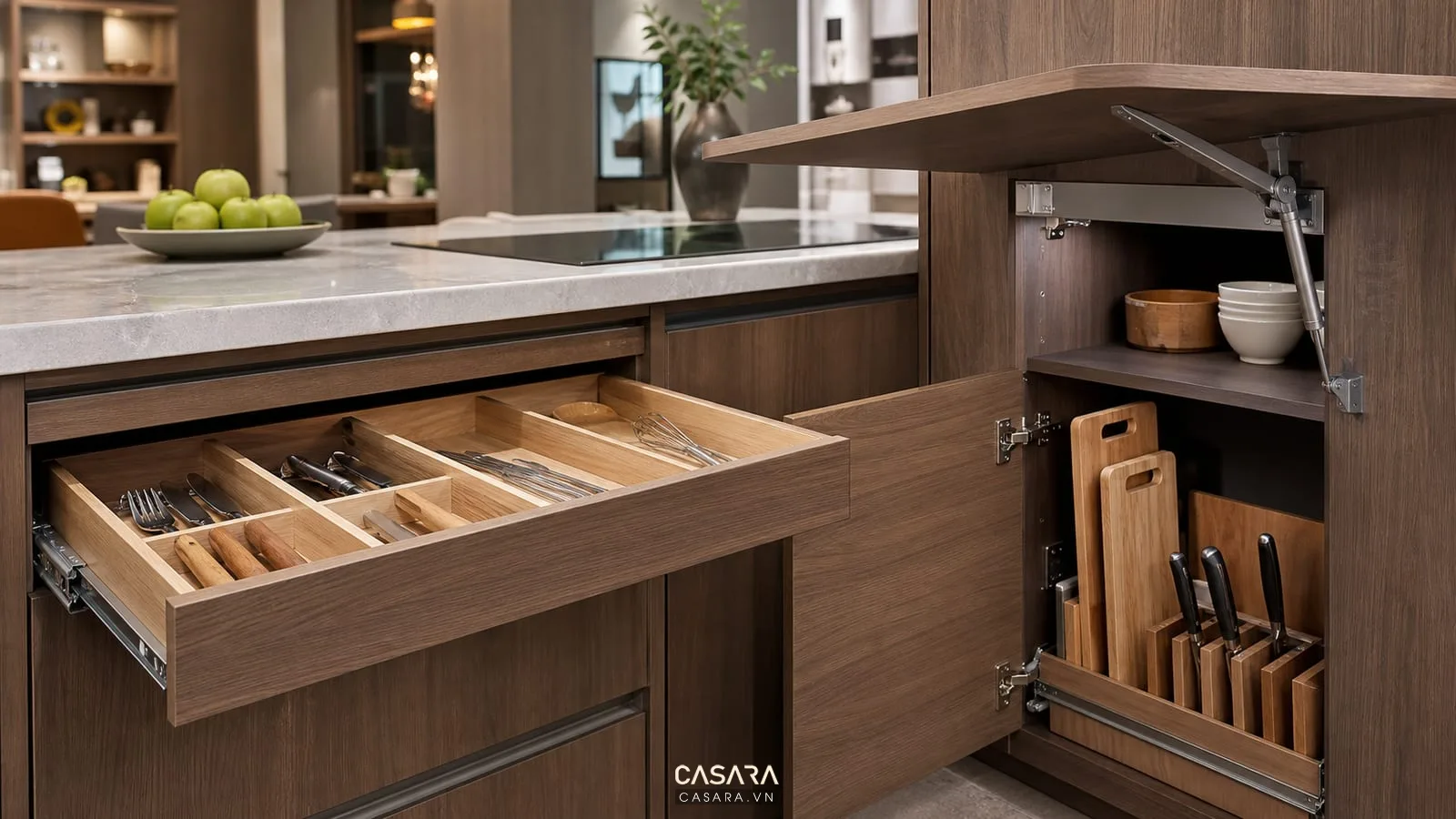 Phụ kiện thi công nội thất tủ bếp gồm ray kéo bản lề giảm chấn và khoang chia đồ