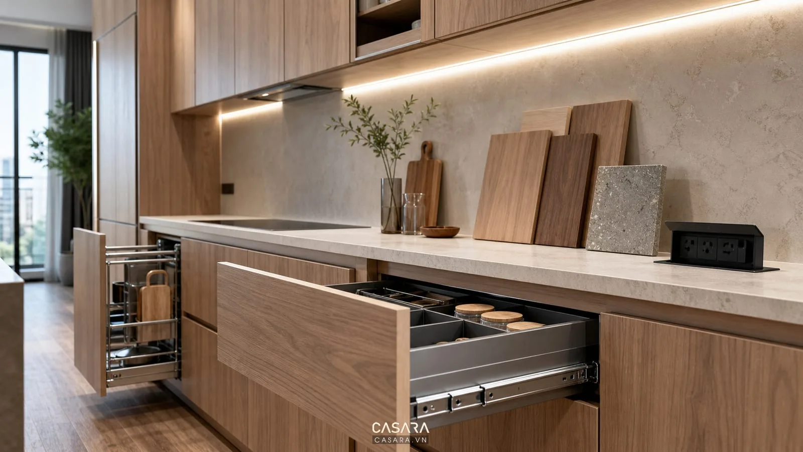 Chi tiết tủ bếp và phụ kiện ảnh hưởng đến đơn giá thiết kế chung cư gồm ray trượt ngăn kéo ổ cắm và đèn dưới tủ