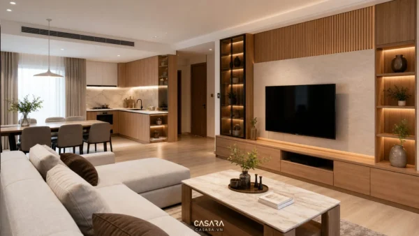Phòng khách bếp căn hộ hiện đại với sofa sáng màu, kệ tivi gỗ và ánh sáng ấm
