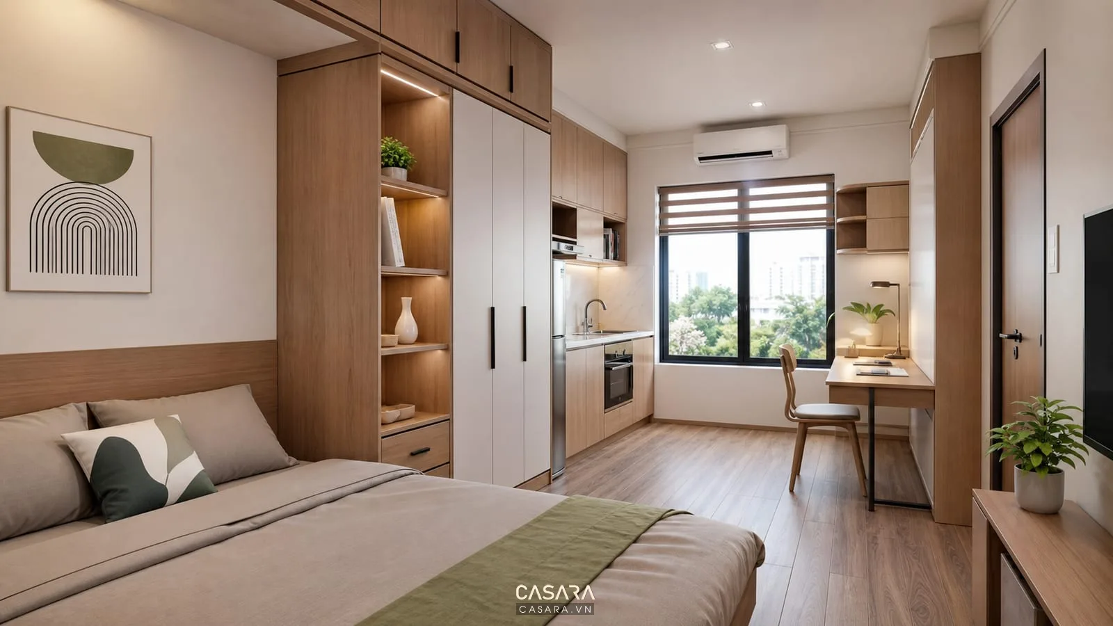 phòng căn hộ chung cư mini có giường tủ áo bàn làm việc và bếp nhỏ