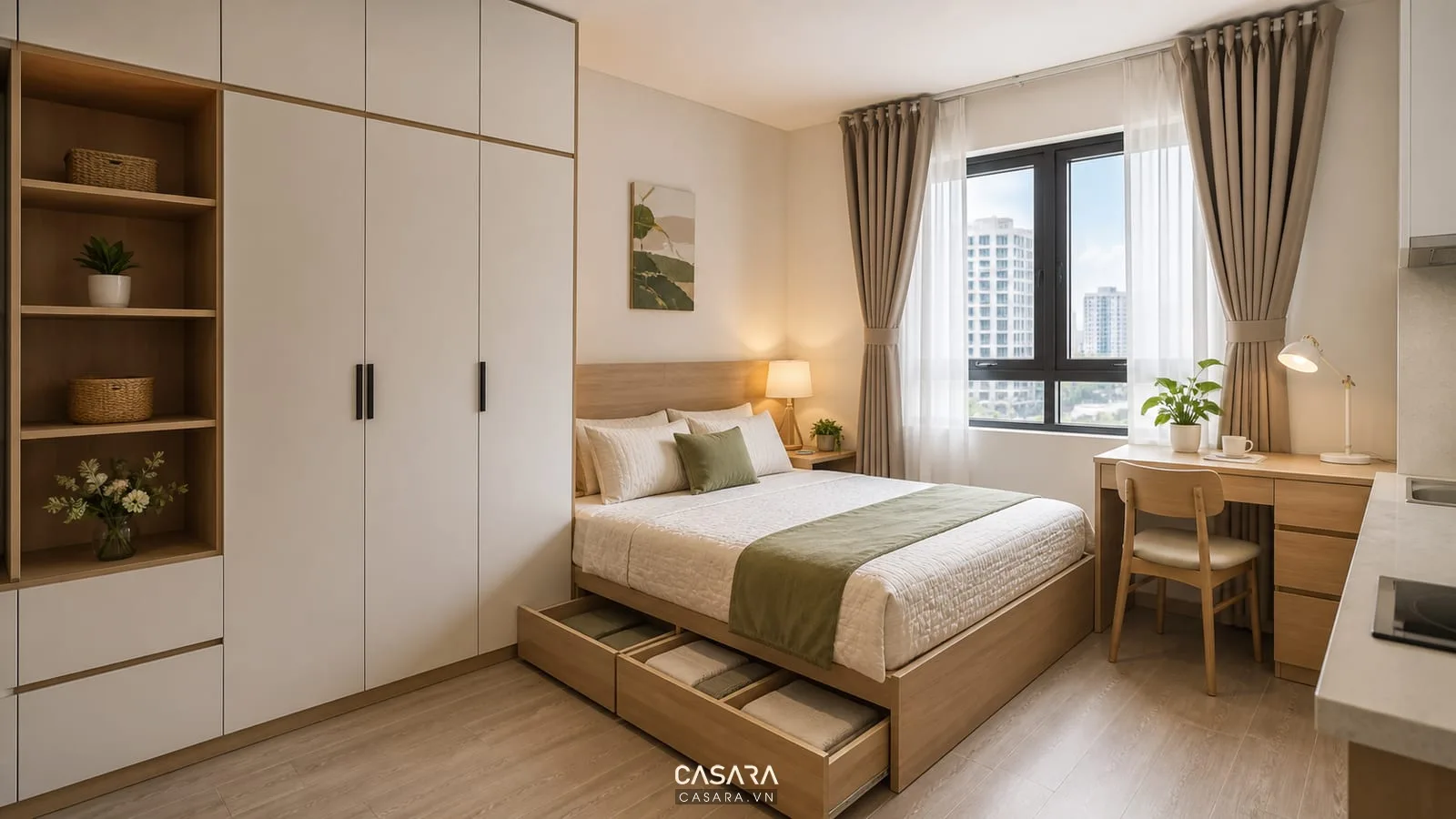 nội thất căn hộ chung cư mini với tủ áo giường lưu trữ bàn làm việc và ánh sáng tự nhiên