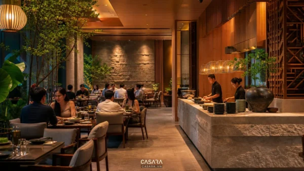 thiết kế nhà hàng hiện đại với khu bàn ăn quầy phục vụ ánh sáng ấm vật liệu gỗ đá và khách dùng bữa