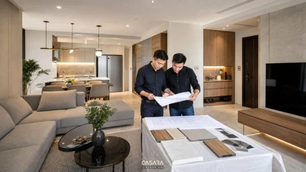 Hai nhân sự kiểm tra bản vẽ trong phòng khách bếp căn hộ hiện đại