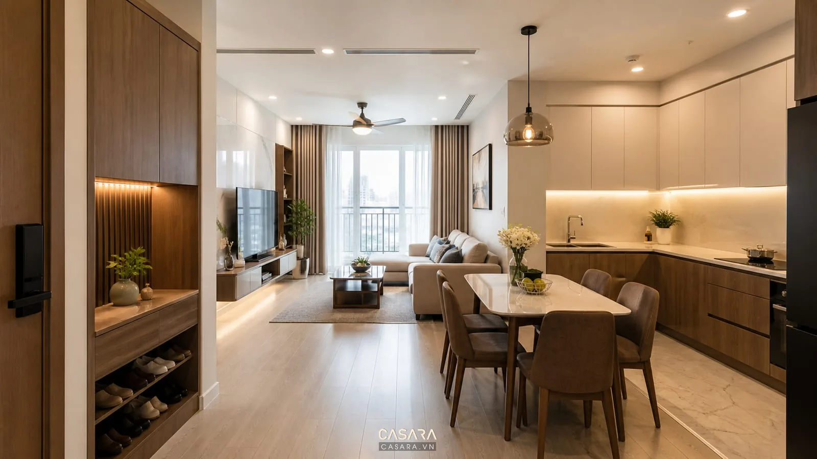 Đơn vị thi công nội thất chung cư hoàn thiện phòng khách bếp với tủ giày sofa và tủ bếp