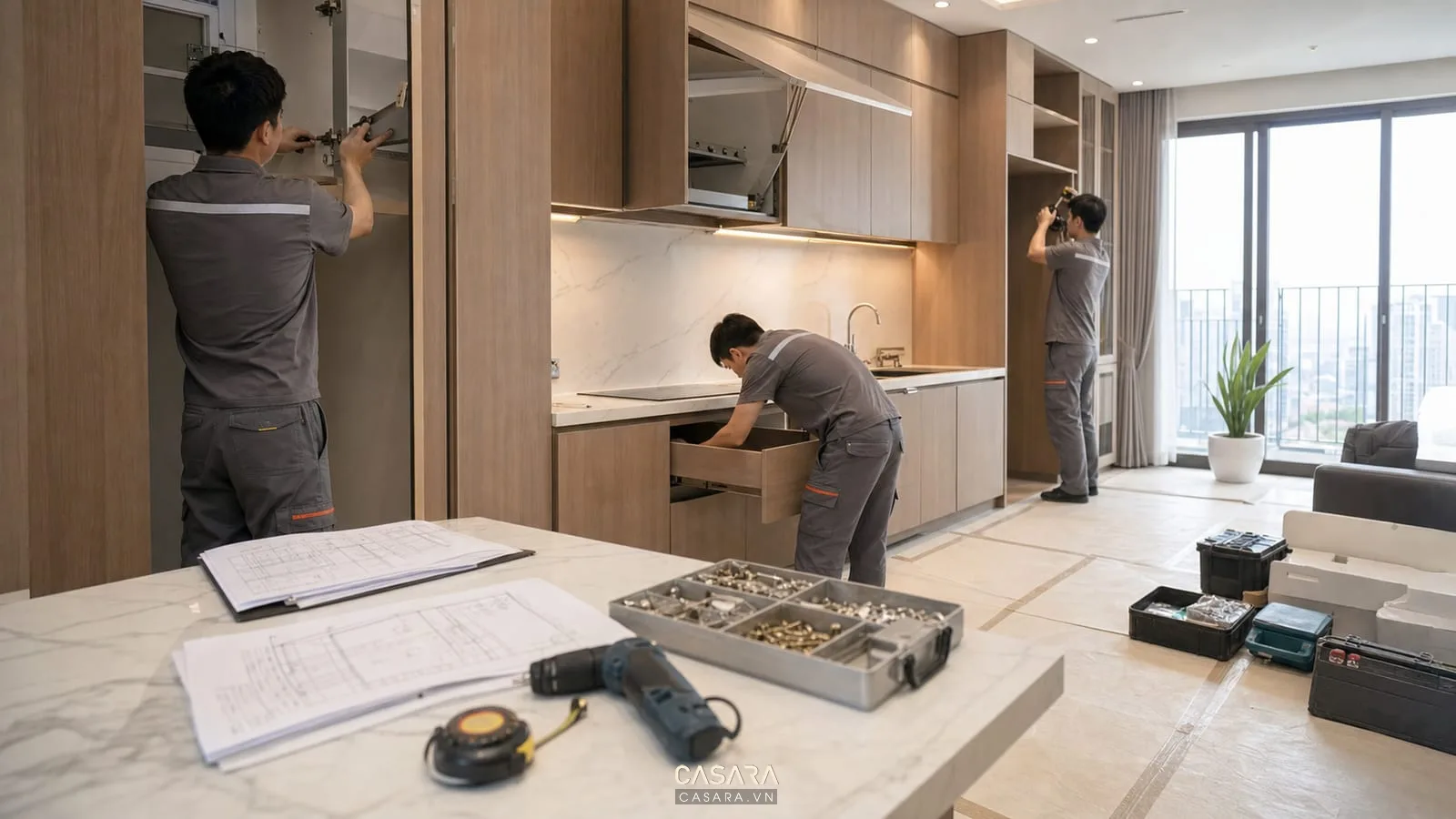 Nhà thầu thi công chung cư lắp đặt tủ bếp căn hộ với bản vẽ kỹ thuật và phụ kiện