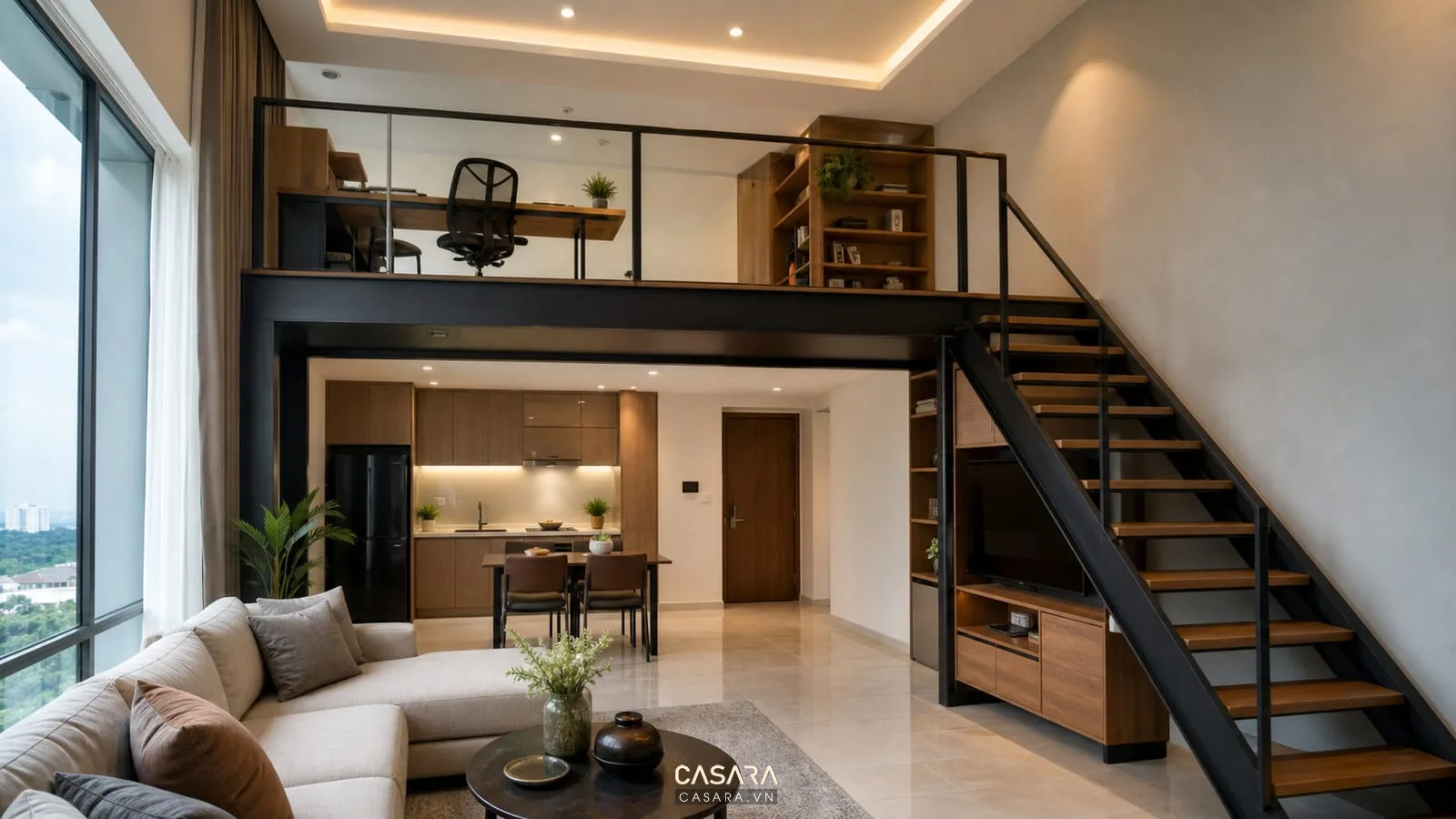 Thi công gác lửng chung cư trong căn hộ trần cao với cầu thang gọn và lan can an toàn
