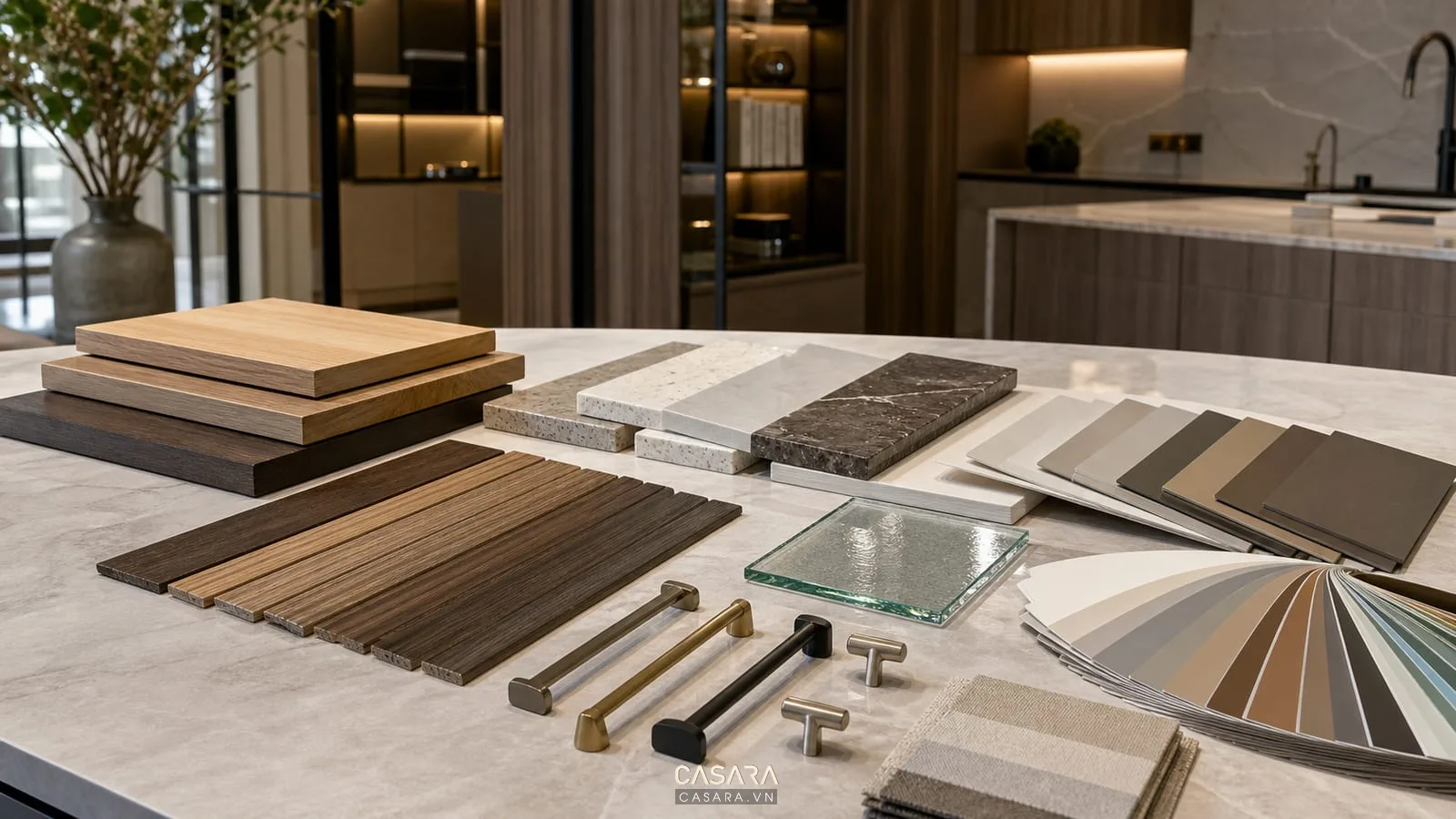 Mẫu vật liệu gỗ đá kính và vải dùng cho tư vấn nội thất chung cư
