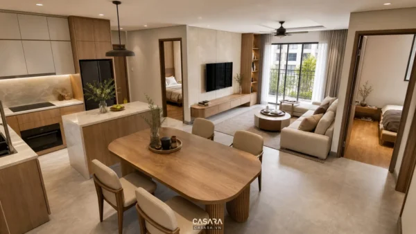 Không gian căn hộ 75m2 với phòng khách, bếp ăn mở và hai phòng ngủ
