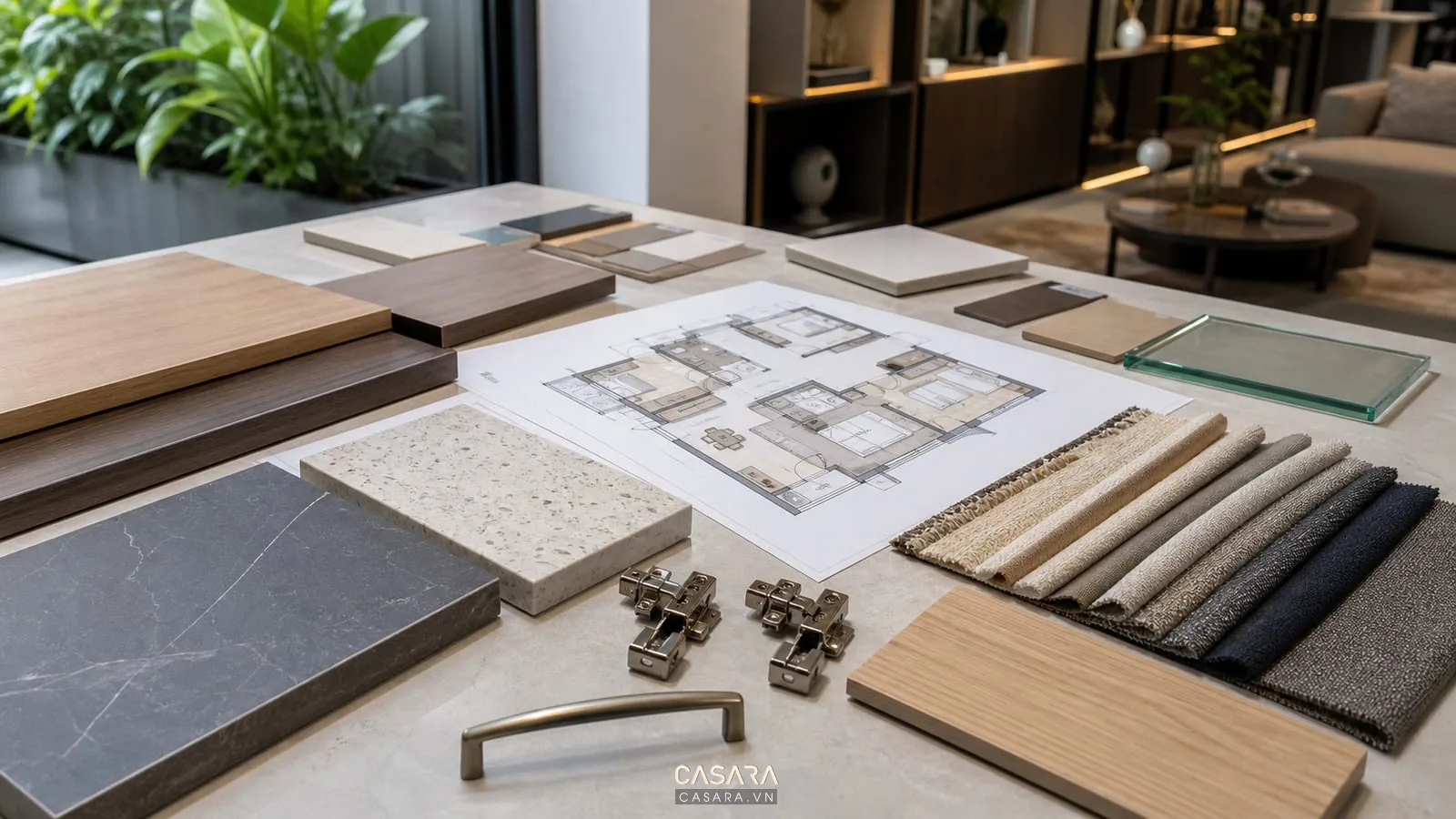 mẫu vật liệu nội thất chung cư với gỗ đá vải phụ kiện tủ và bản vẽ căn hộ