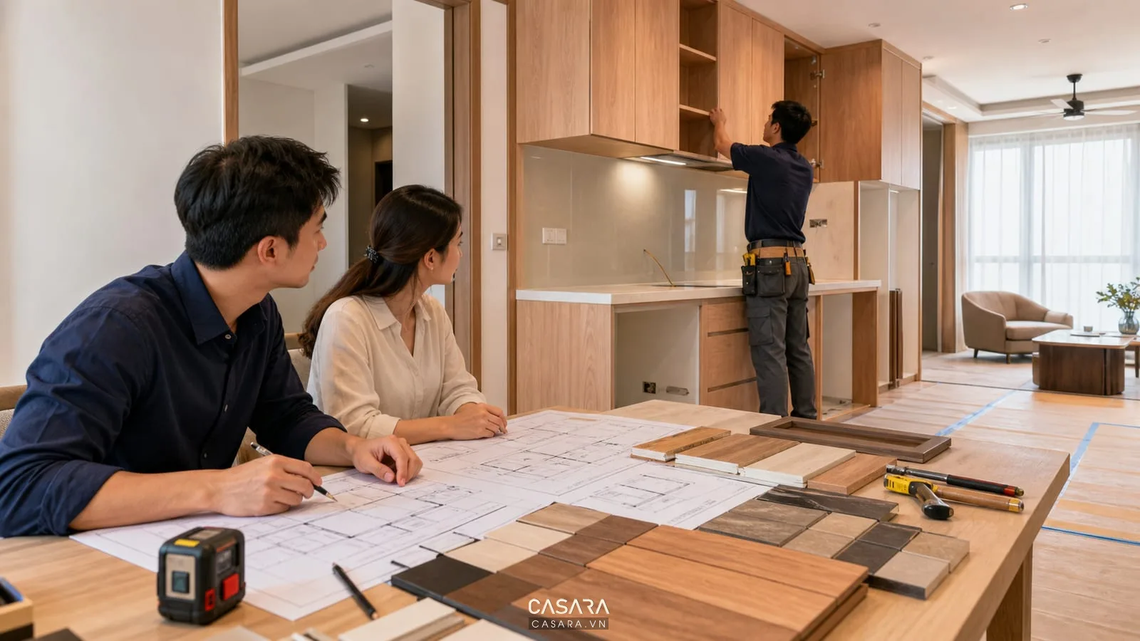đơn vị thiết kế chung cư phối hợp thi công nội thất với bản vẽ kỹ thuật và lắp tủ bếp gỗ
