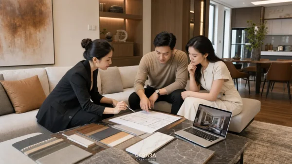 Đơn vị thiết kế nội thất tư vấn cùng gia chủ với bản vẽ mặt bằng, mẫu gỗ, mẫu đá và phối cảnh phòng khách
