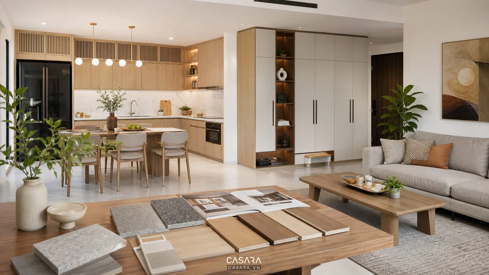Phòng khách bếp căn hộ với tủ bếp chữ L, bàn ăn, sofa và mẫu vật liệu gỗ đá cho thiết kế nội thất