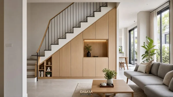 Gầm cầu thang đẹp với tủ gỗ âm tường trong phòng khách nhà phố