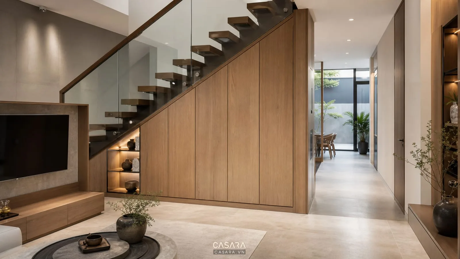 tủ lưu trữ âm dưới gầm cầu thang phòng khách bằng gỗ veneer