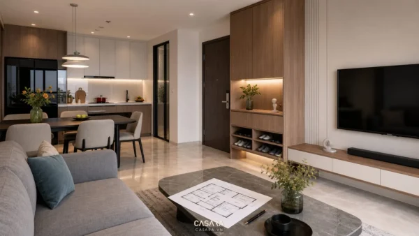 Phòng khách căn hộ hiện đại liên thông bếp ăn với kệ tivi, sofa và bản vẽ mặt bằng trên bàn