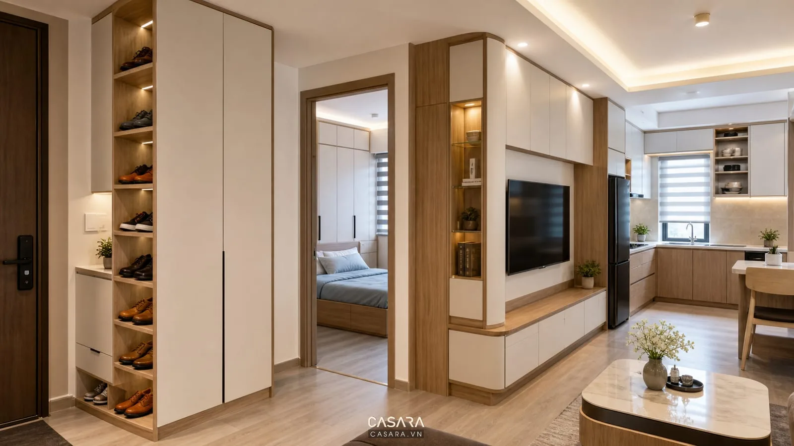hệ lưu trữ nội thất chung cư với tủ giày kệ tivi tủ áo và tủ bếp