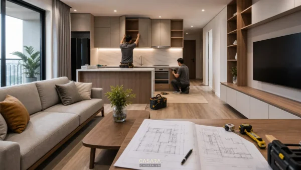 Hai thợ đang lắp đặt tủ bếp trong căn hộ có phòng khách liền bếp