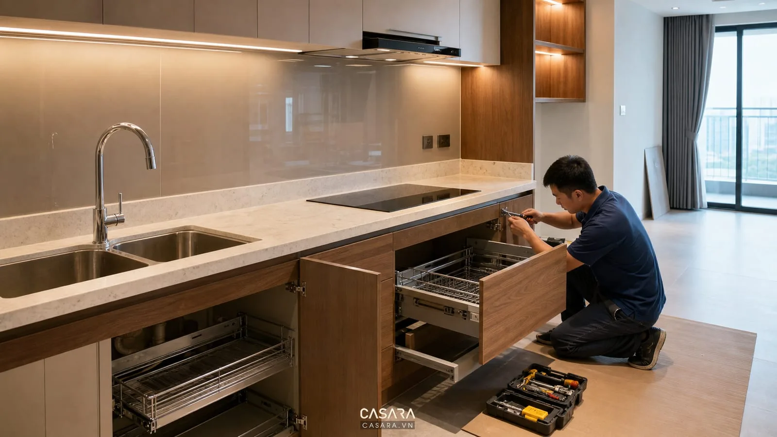 Thi công tủ bếp nhà chung cư với khoang chậu rửa bếp nấu và ngăn kéo