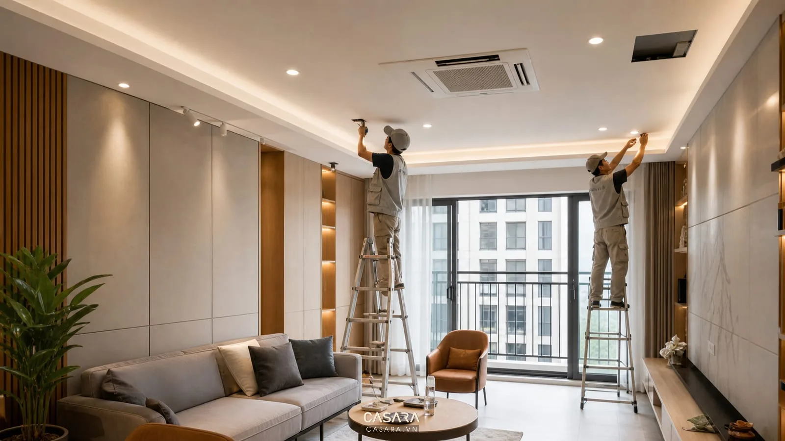 Thi công trần chung cư với đèn âm trần khe rèm và phòng khách hiện đại